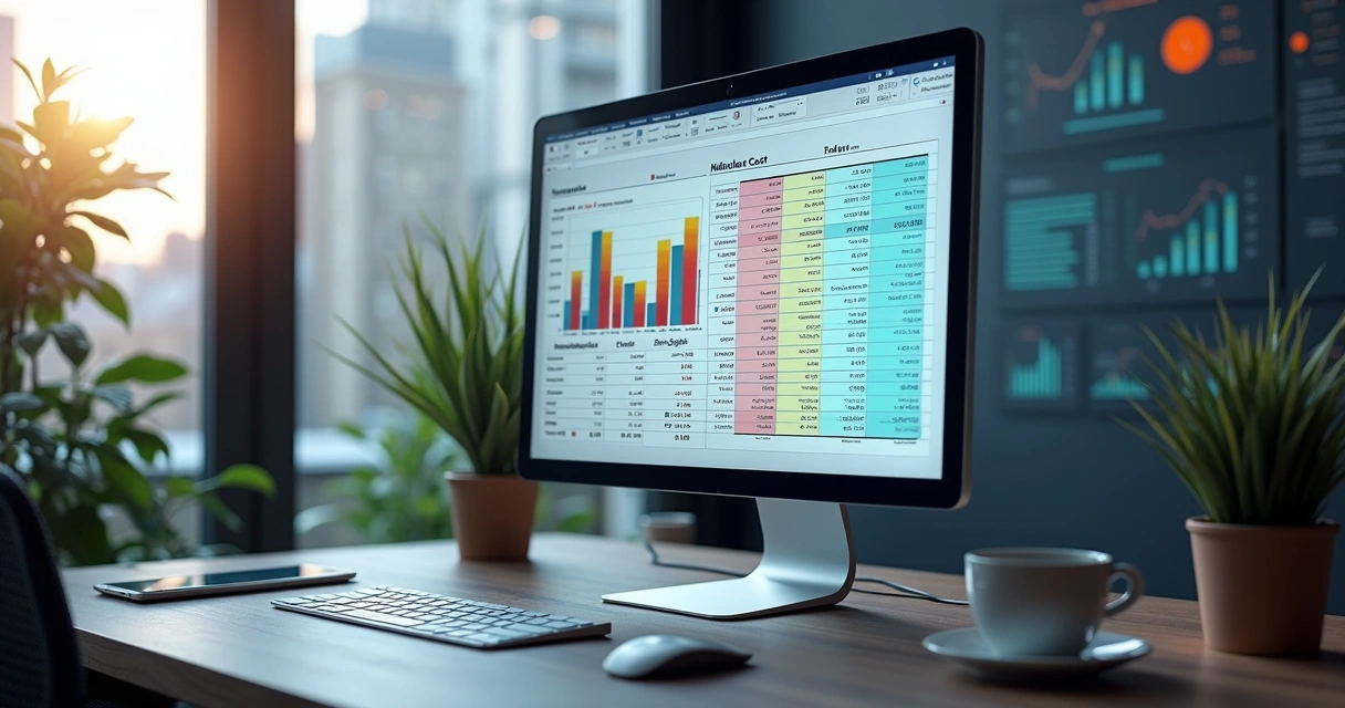 Tela de computador mostrando gráficos financeiros e planilhas de custos diretos e indiretos para vendas em marketplace