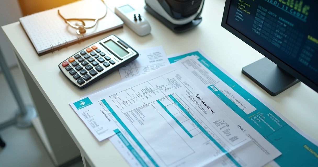 Mesa de médico com documentos fiscais, calculadora e computador 