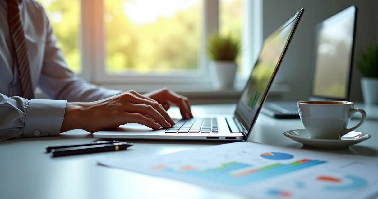 Microempreendedor organizando receitas e despesas com gráficos no notebook 