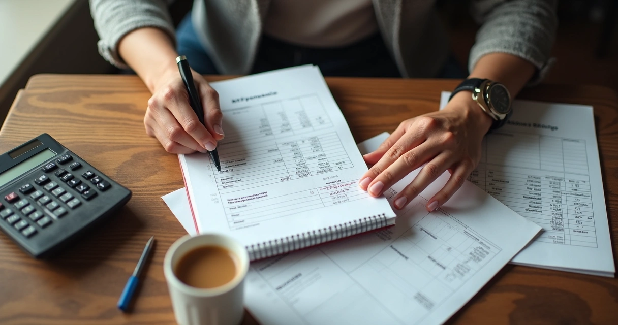 Microempresário anotando receitas e despesas em caderno com calculadora ao lado 