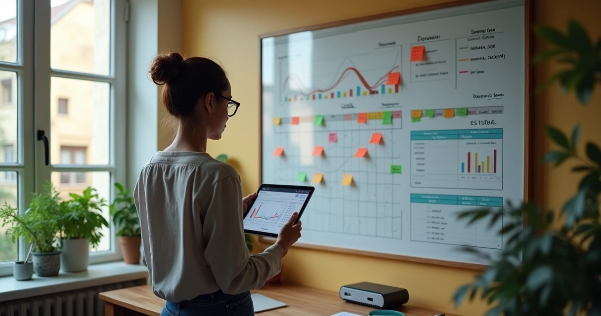 Microempreendedor atualizando quadro financeiro de receitas e despesas de MEI em escritório simples 