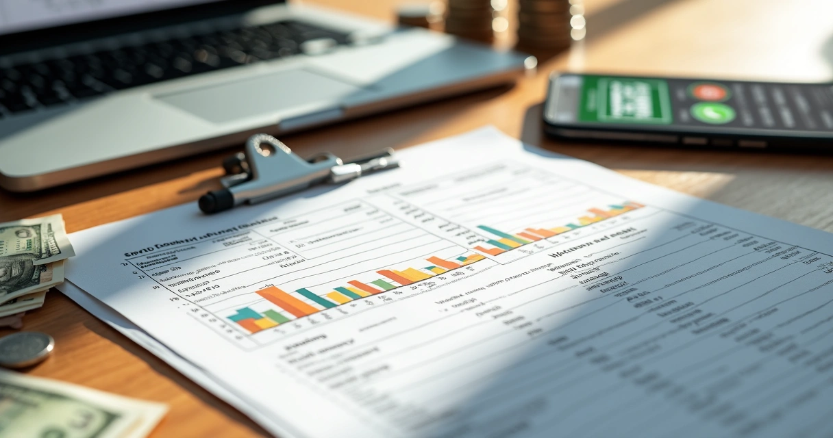 Mesa de escritório com planilha financeira, calculadora, notas e laptop aberto mostrando gráficos de finanças pessoais 