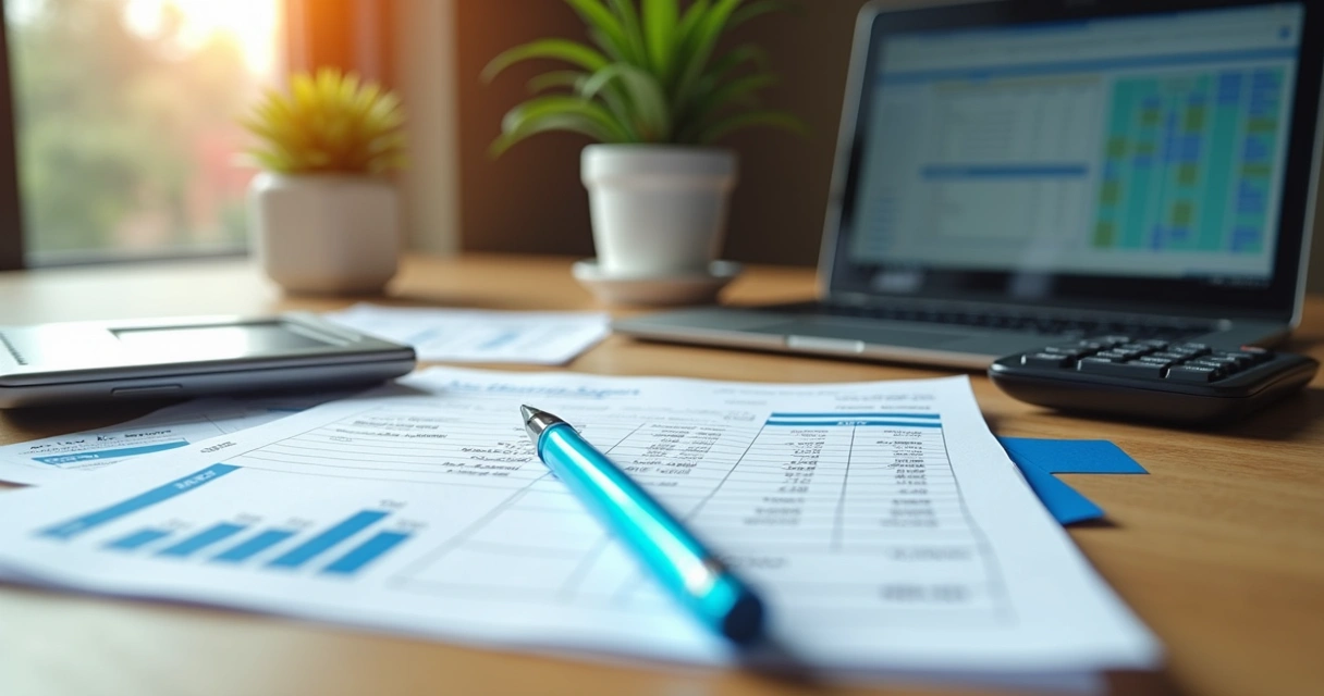 Mesa com laptop, calculadora, documentos fiscais e caneta para controle financeiro de microempresa 