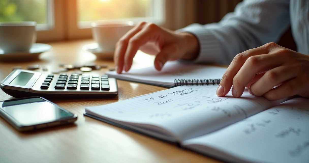 Pessoa organizando finanças com calculadora, anotações e moedas sobre uma mesa clara 