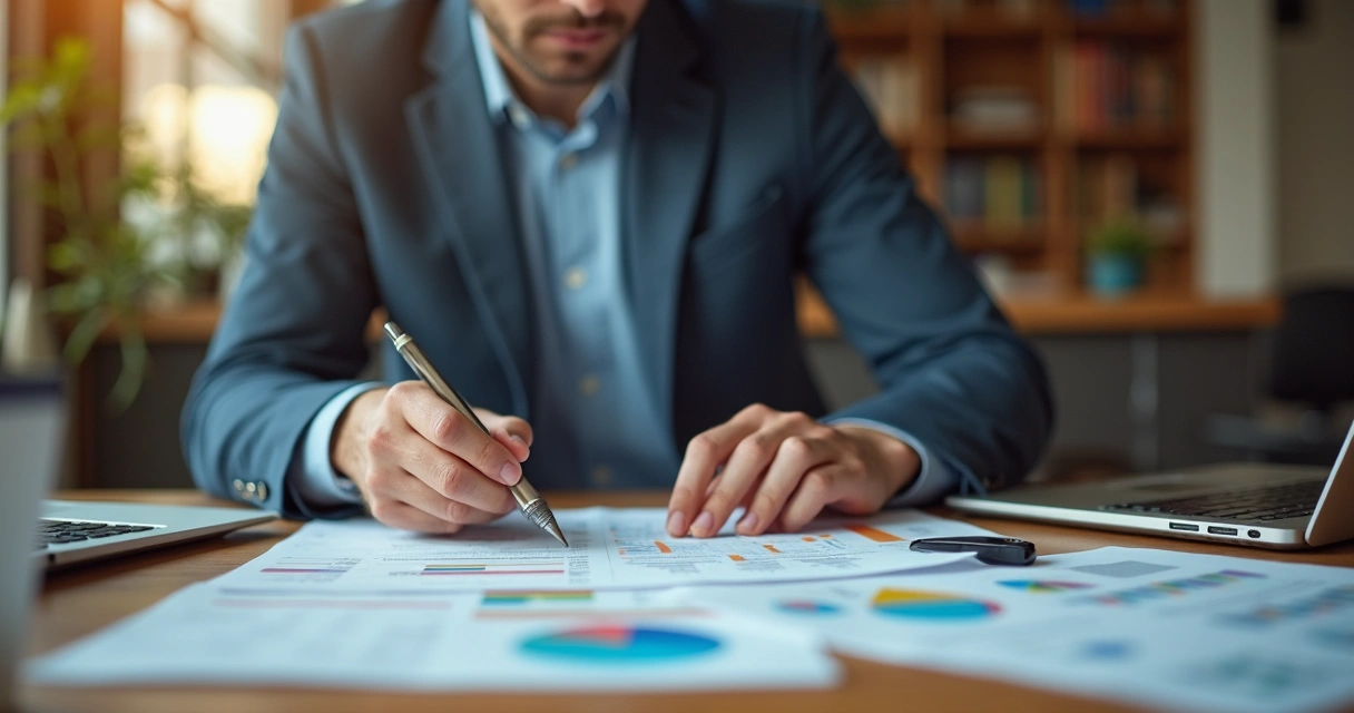 Homem trabalhando em planilhas financeiras em uma mesa de escritório