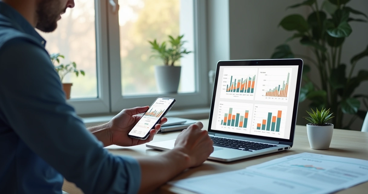 Empreendedor analisando receitas em computador portátil 