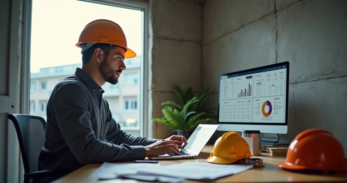 Construtor analisando custos da obra no notebook