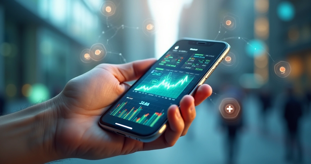 Pessoa segurando smartphone com gráficos financeiros e ícones digitais ao redor simbolizando Open Banking 