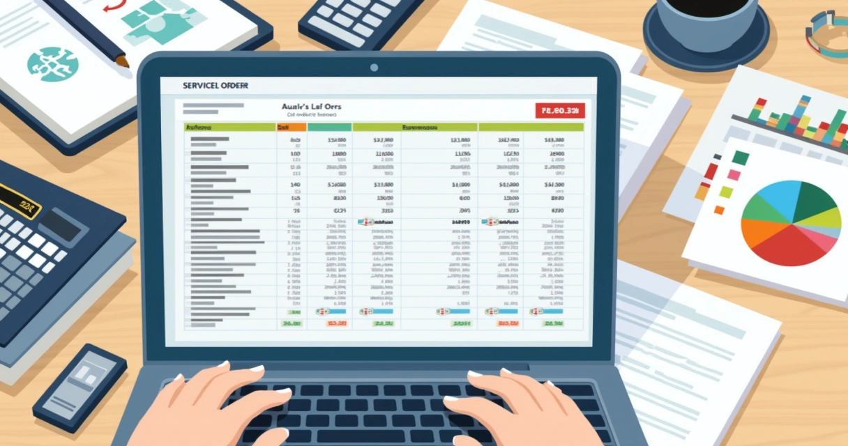 Planilha digital mostrando controle financeiro de ordens de serviço