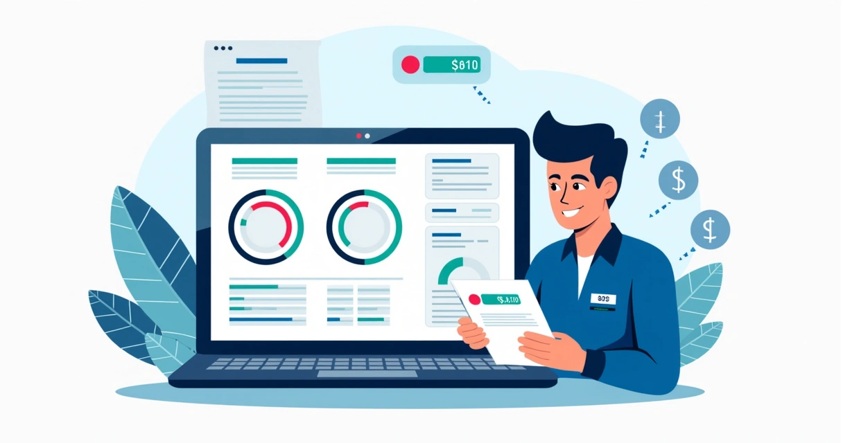 Gráfico de fluxo financeiro em tela de notebook, técnico ao fundo analisando valores da ordem de serviço