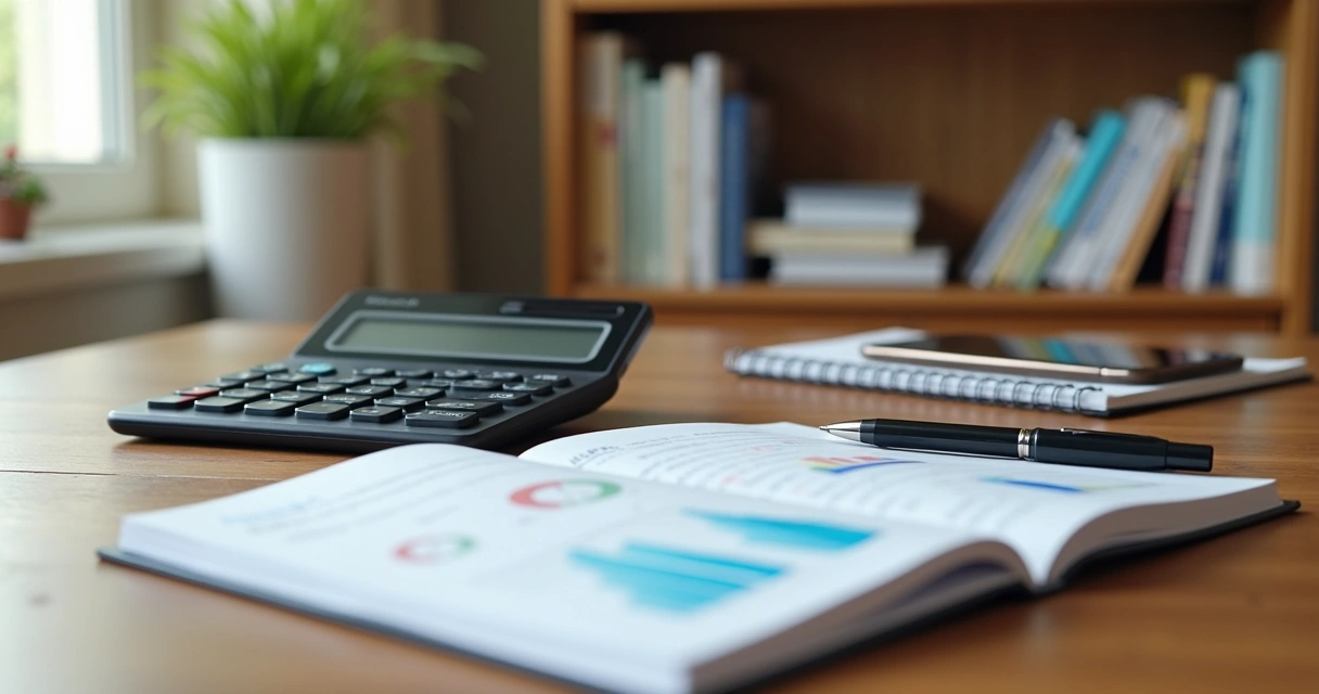 Mesa organizada com calculadora, caderno, caneta e celular exibindo aplicativo financeiro 