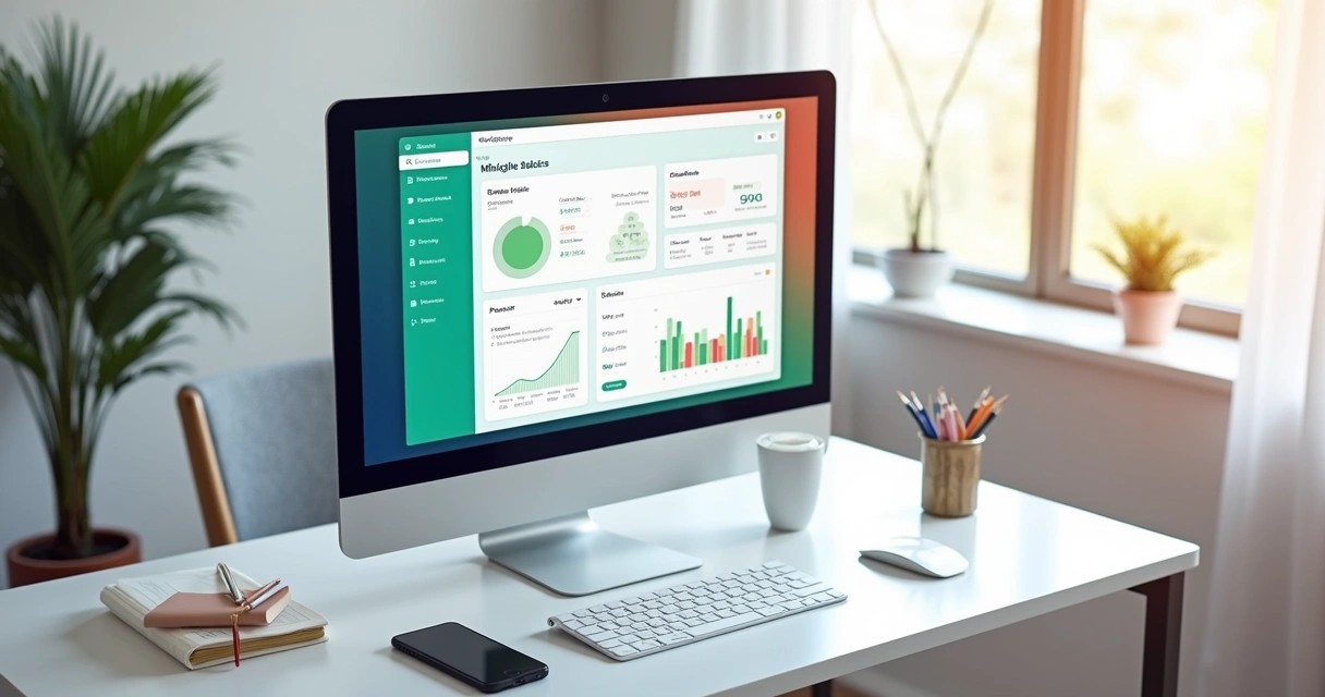 Painel digital mostrando contas bancárias integradas e gráficos simples de gastos