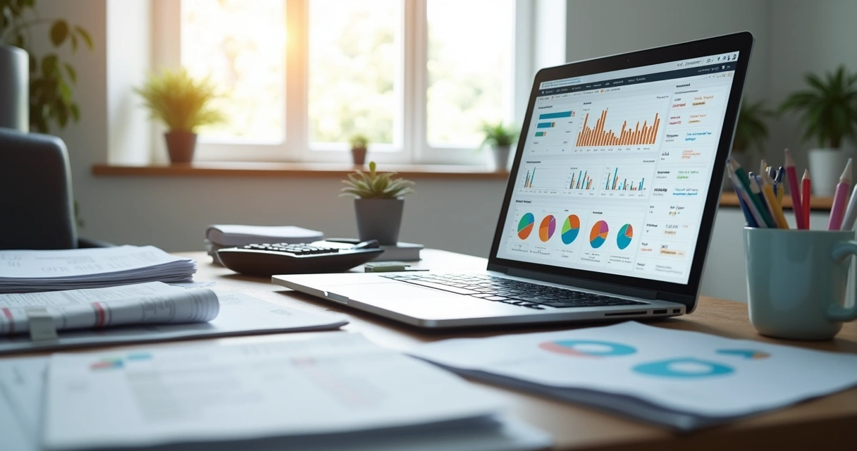 Mesa com documentos financeiros manuais e laptop exibindo sistema odontológico digital 