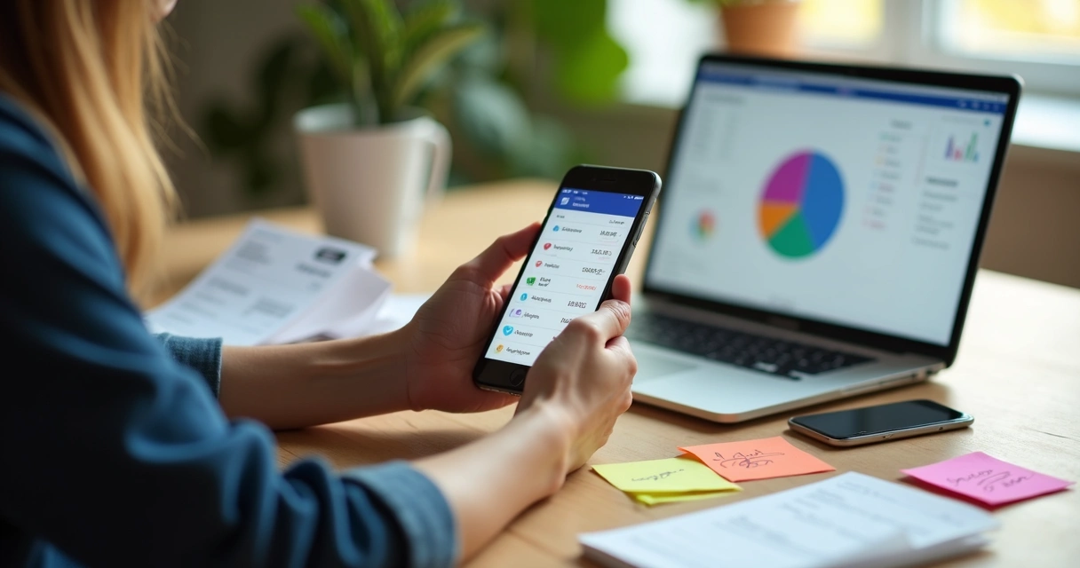 Pessoa autônoma usando celular para controle financeiro 