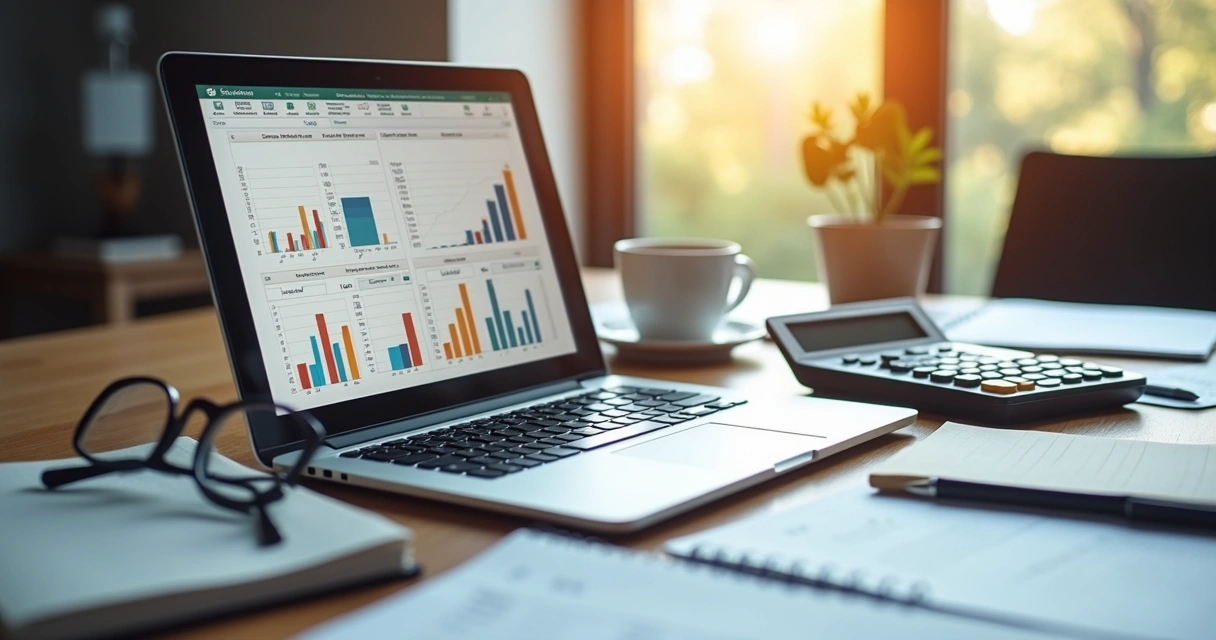 Mesa de escritório com laptop exibindo planilha financeira, cadernos, calculadora e café 