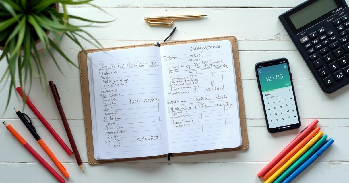 Anotações de gastos com calculadora em mesa de escritório clara 