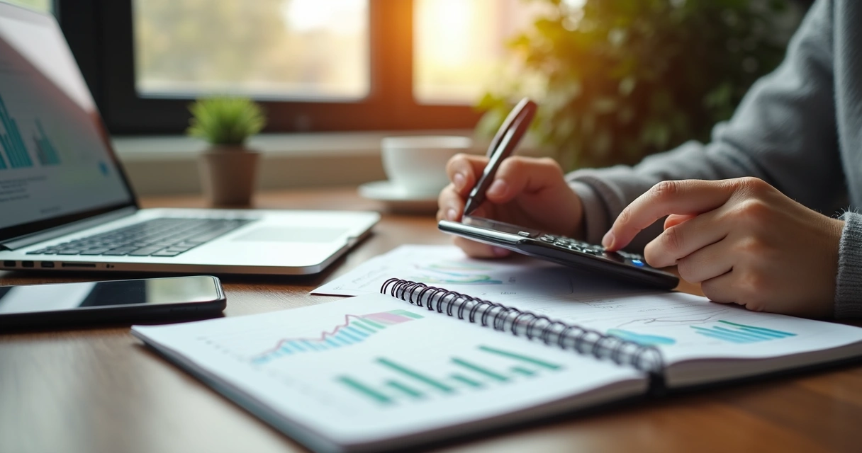 Pessoa organizando finanças com caderno, calculadora e laptop numa mesa clara 