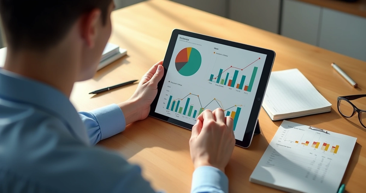 Pessoa analisando gastos pessoais em um tablet com gráficos financeiros coloridos em uma mesa de trabalho organizada 