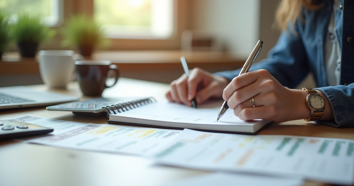 Pessoa organizando o orçamento com anotações em um caderno e calculadora ao lado. 