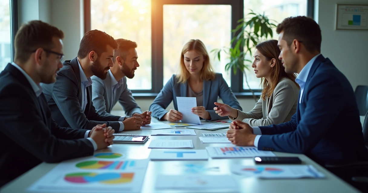 Pessoas analisando relatório financeiro em mesa de trabalho