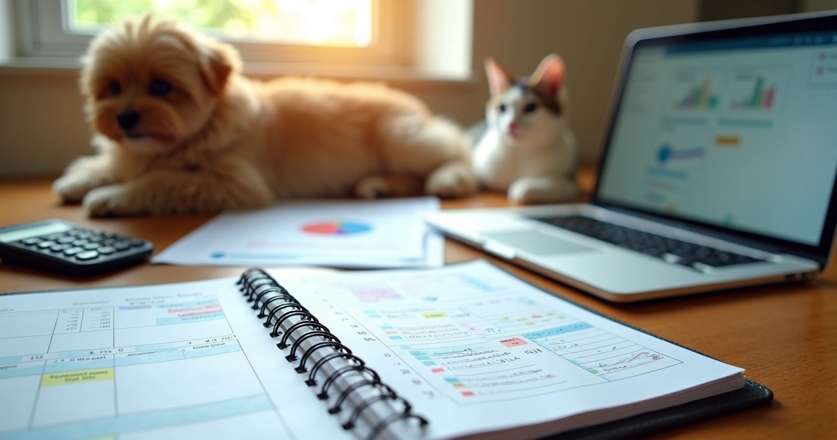 Mesa com agenda, calculadora e documentos financeiros organizados para precificação de serviços pet 