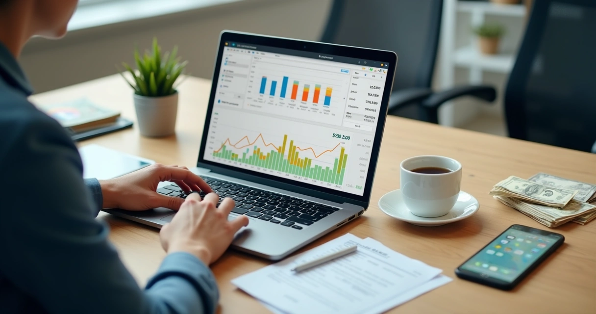 Empresário controlando fluxo de caixa em laptop com gráficos