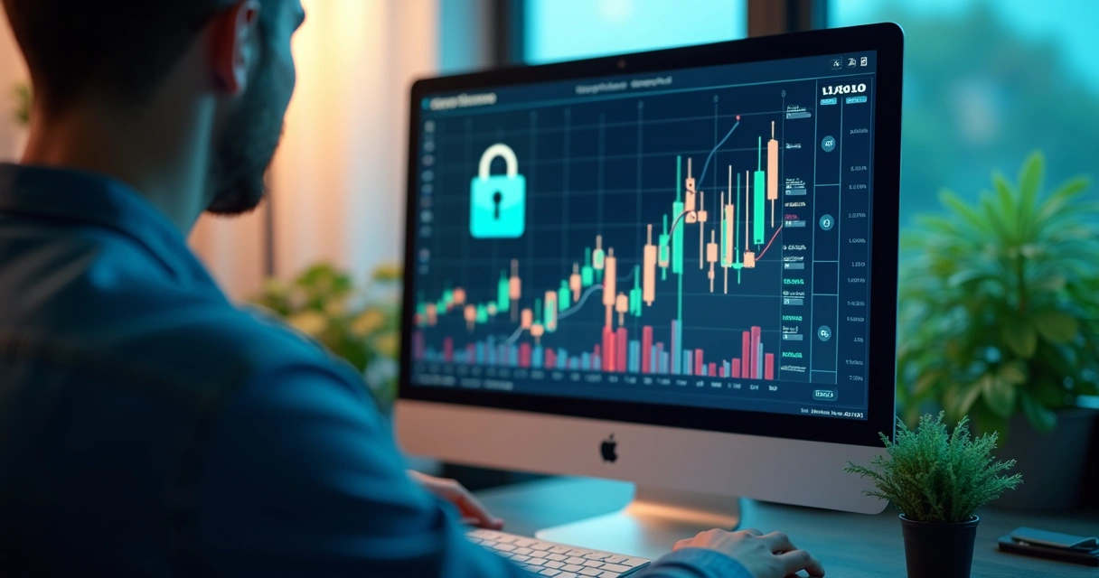 Pessoa analisando gráfico financeiro em tela, com cadeado digital 