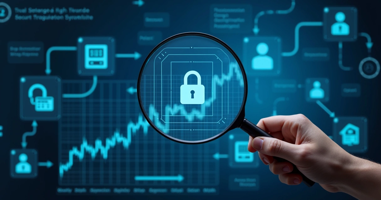 Mão segurando lupa focada em tela digital com gráficos financeiros e ícones de segurança e rastreamento em fundo azul escuro 