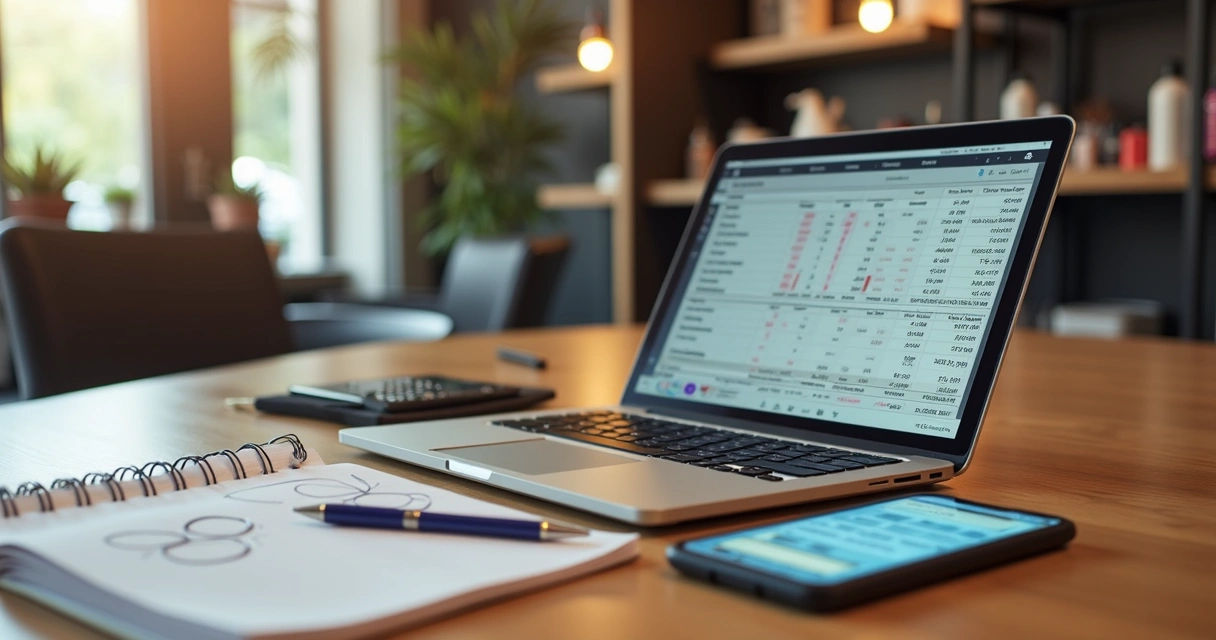 Mesa com agenda, calculadora, bloco de anotações e laptop aberto mostrando planilha financeira em salão de beleza 