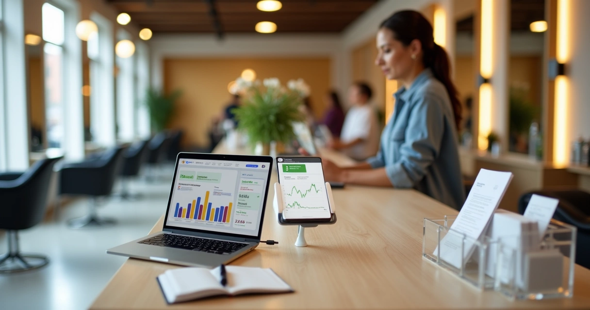 Dona de salão de beleza analisando finanças em notebook no balcão de recepção 