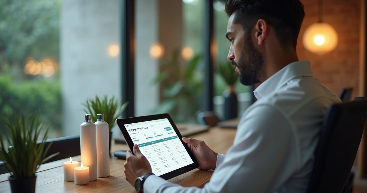 Gestor de spa conferindo relatório de notas fiscais em tablet 
