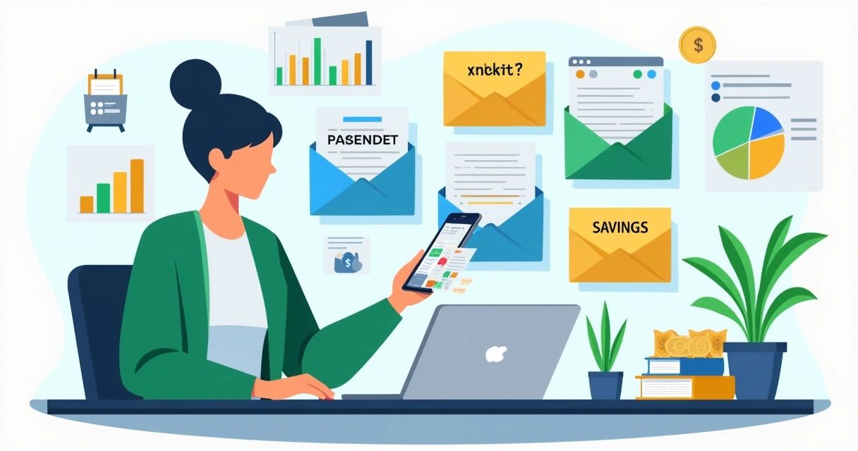 Ilustração corporativa mostrando uma pessoa organizando finanças semanais com envelopes e gráficos coloridos de progresso 