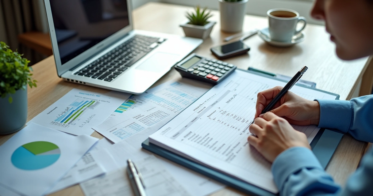 Pessoa analisando entradas e saídas em mesa de trabalho com notebook e papéis 