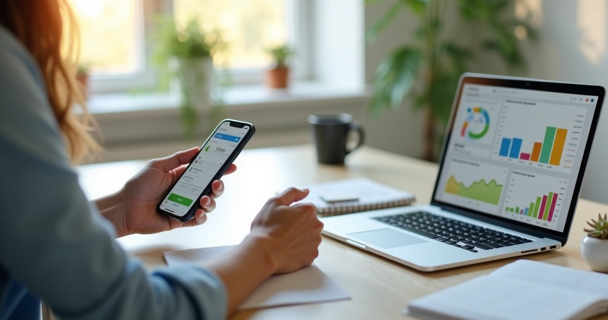 Pessoa usando smartphone para registrar despesas, com gráficos financeiros no fundo digital 