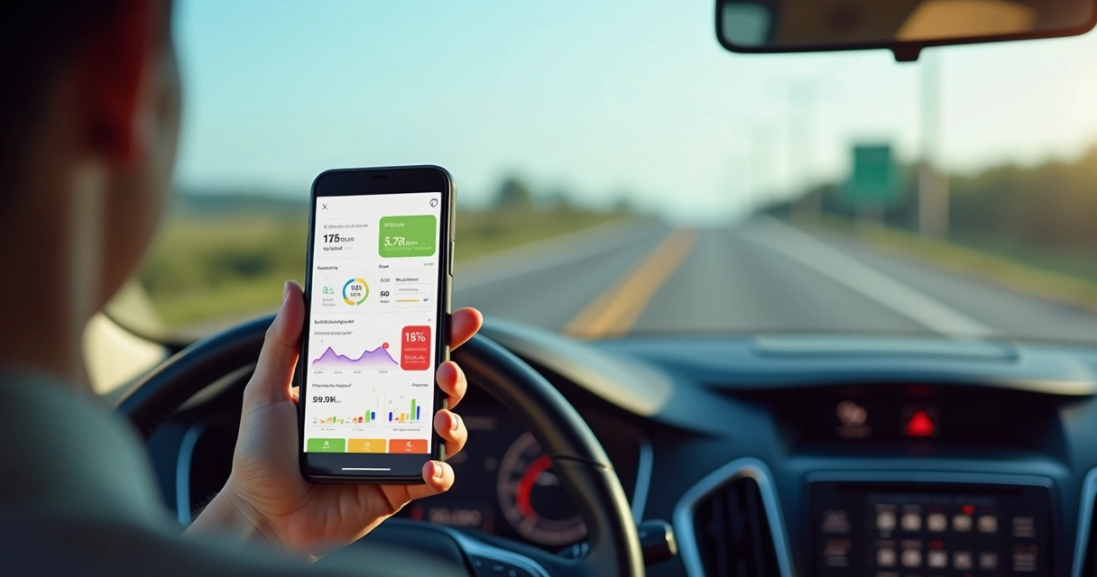 Mão segurando celular exibindo aplicativo de controle financeiro de pedágios, na cabine do carro 