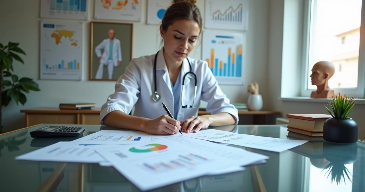 Terapeuta revisando planilhas financeiras em consultório moderno 