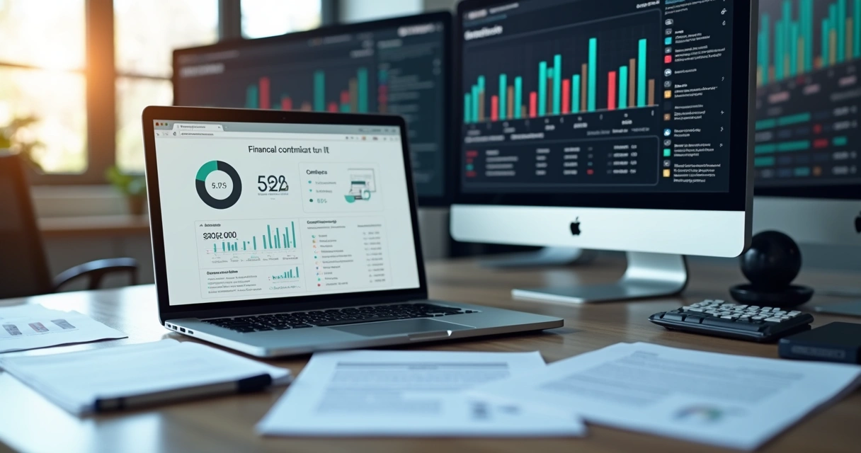 Mesa de trabalho com laptop exibindo painel de controle financeiro em TI, documentos organizados, contratos e métricas de fornecedores em múltiplas telas ao fundo 