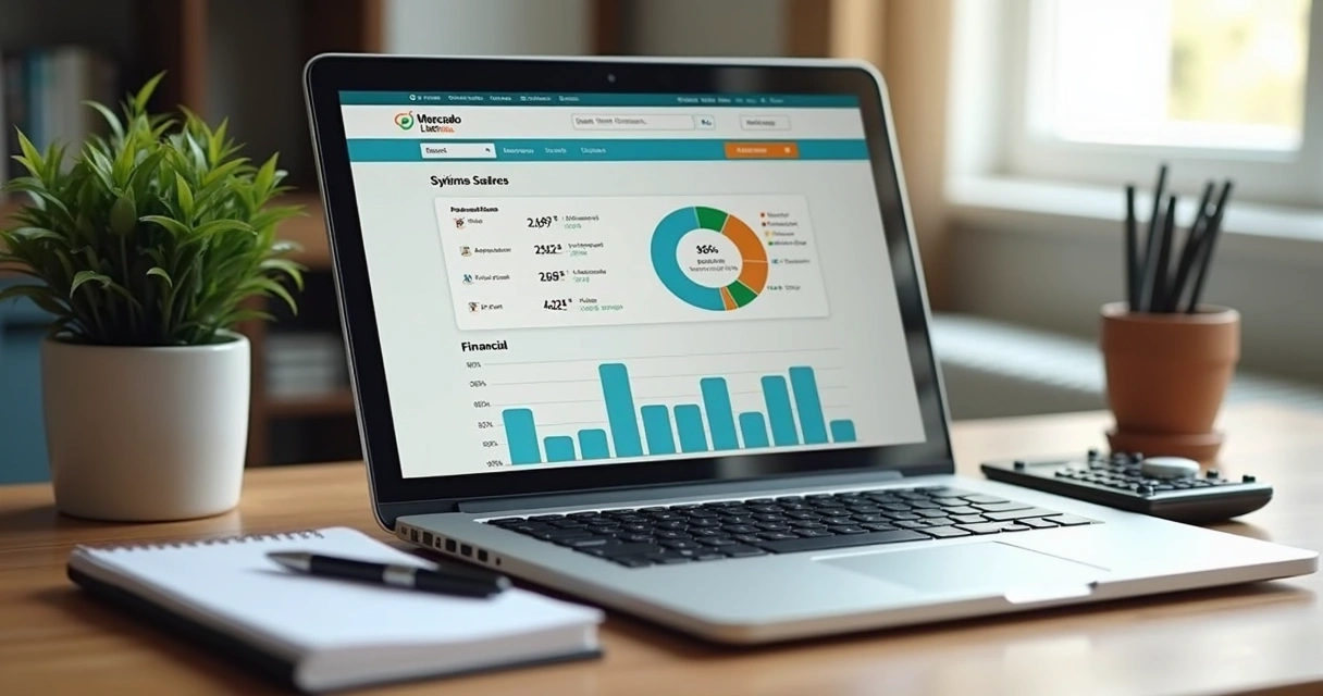 Mesa de trabalho com laptop mostrando gráficos financeiros de vendas no Mercado Livre, calculadora, caderno de anotações e caneta ao lado, ambiente iluminado e organizado para controle financeiro detalhado 