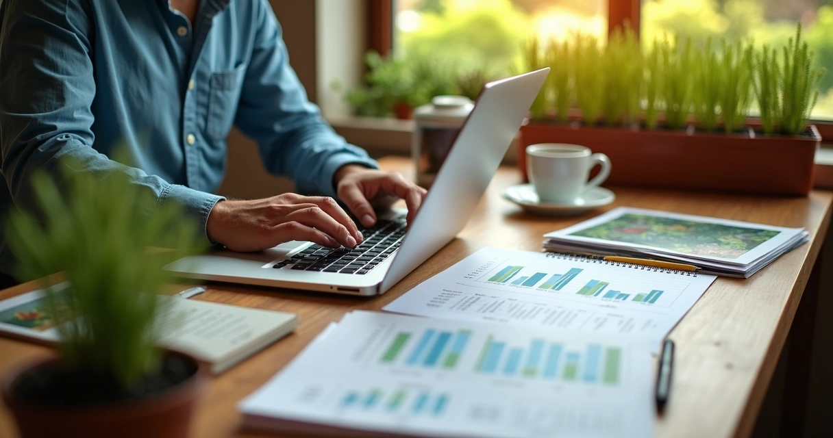 Pessoa analisando gráficos e tabelas financeiras em um laptop 