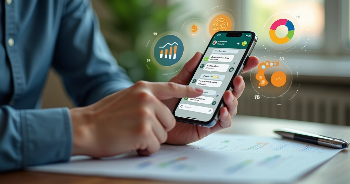 Pessoa digitando gastos no WhatsApp com gráficos coloridos ao fundo.