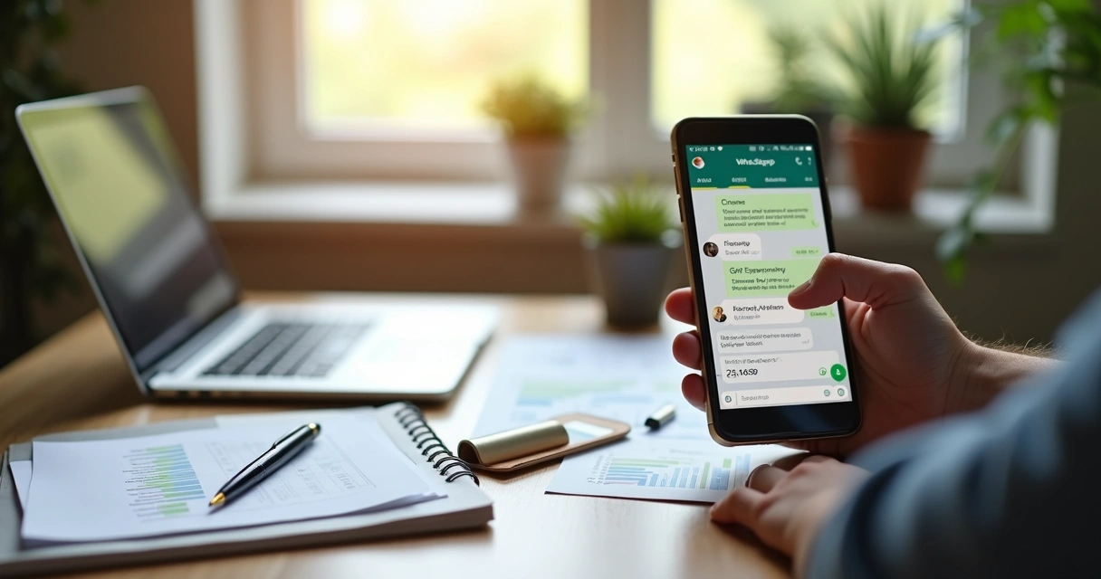Pessoa usando WhatsApp no celular para registrar despesas financeiras em ambiente doméstico organizado 