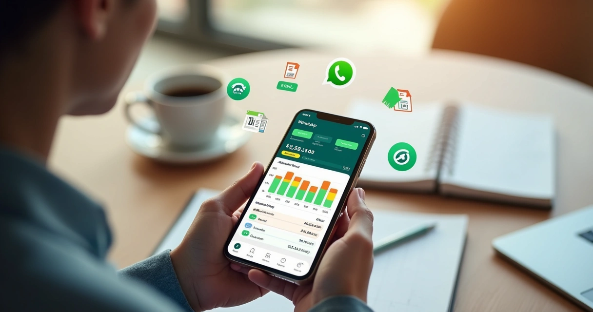Pessoa usando WhatsApp no celular para gerenciar finanças, com gráficos financeiros na tela e ícones de mensagens ao redor 