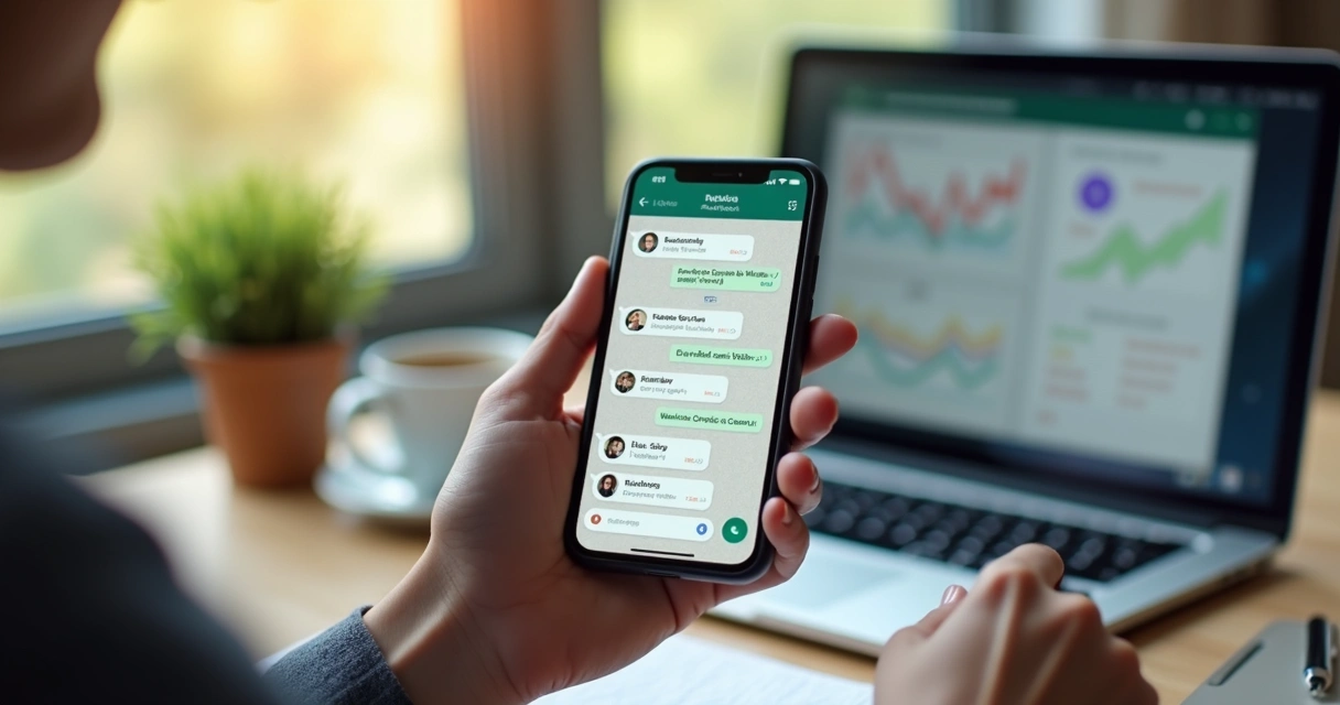 Pessoa usando smartphone com interface de aplicativo de controle financeiro via WhatsApp mostrando gráficos e mensagens de registro de gastos 