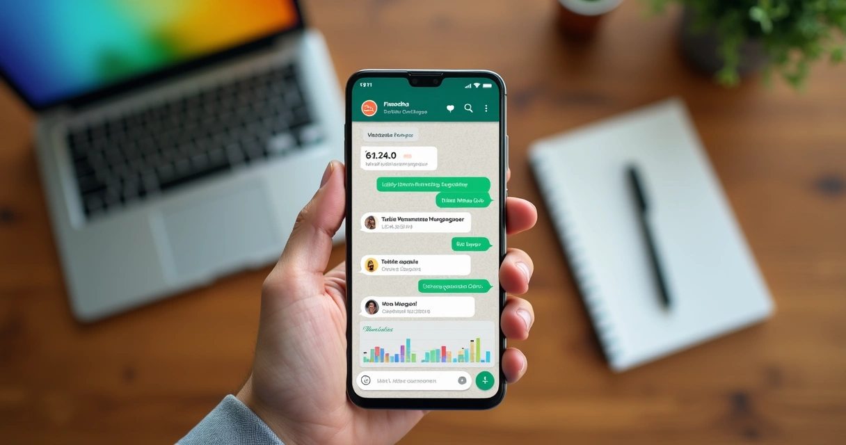 Pessoa usando smartphone com tela do WhatsApp aberta na conversa de controle financeiro da Financinha mostrando mensagens de gastos e gráficos interativos 
