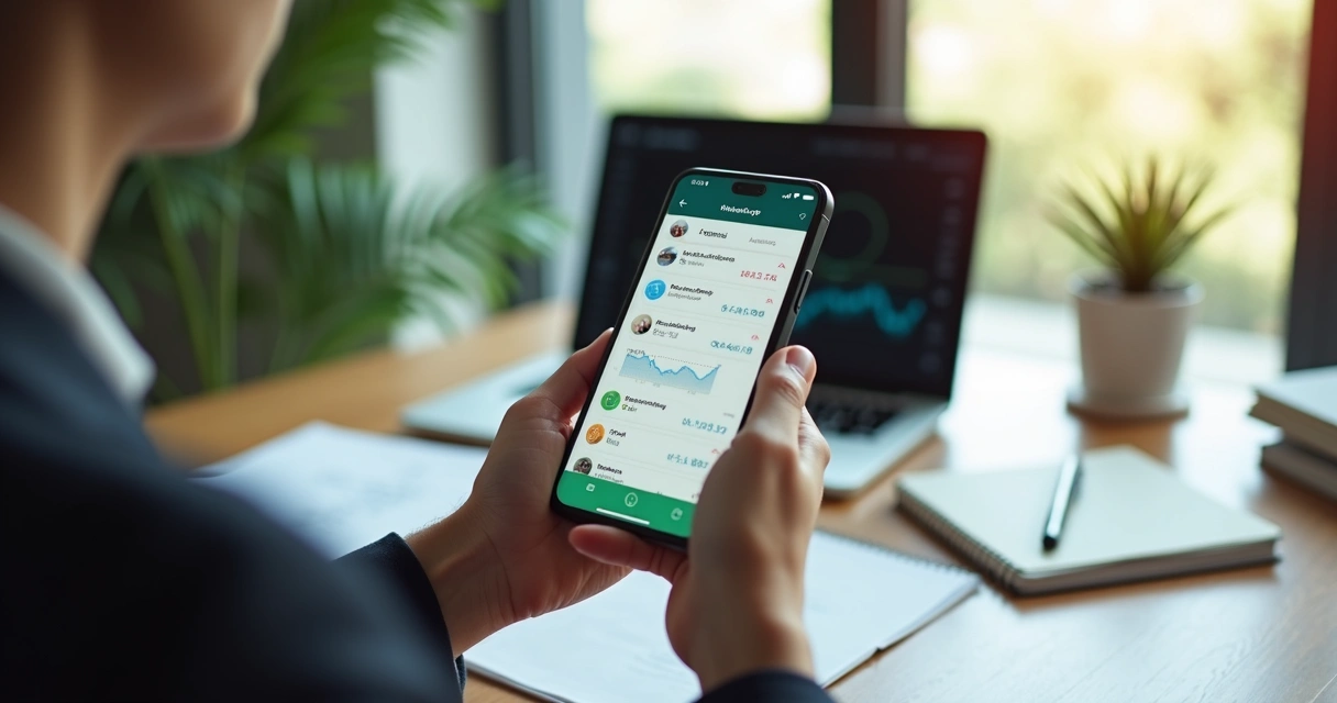 Pessoa usando WhatsApp no celular para controlar finanças com inteligência artificial da Financinha, mostrando gráficos e mensagens de texto na tela, ambiente de escritório moderno, luz natural. 