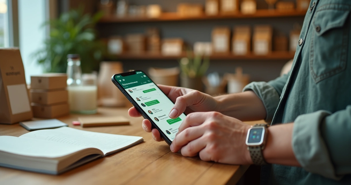 Pequeno empresário usando WhatsApp na bancada do comércio enquanto acompanha gráficos de finanças do negócio 
