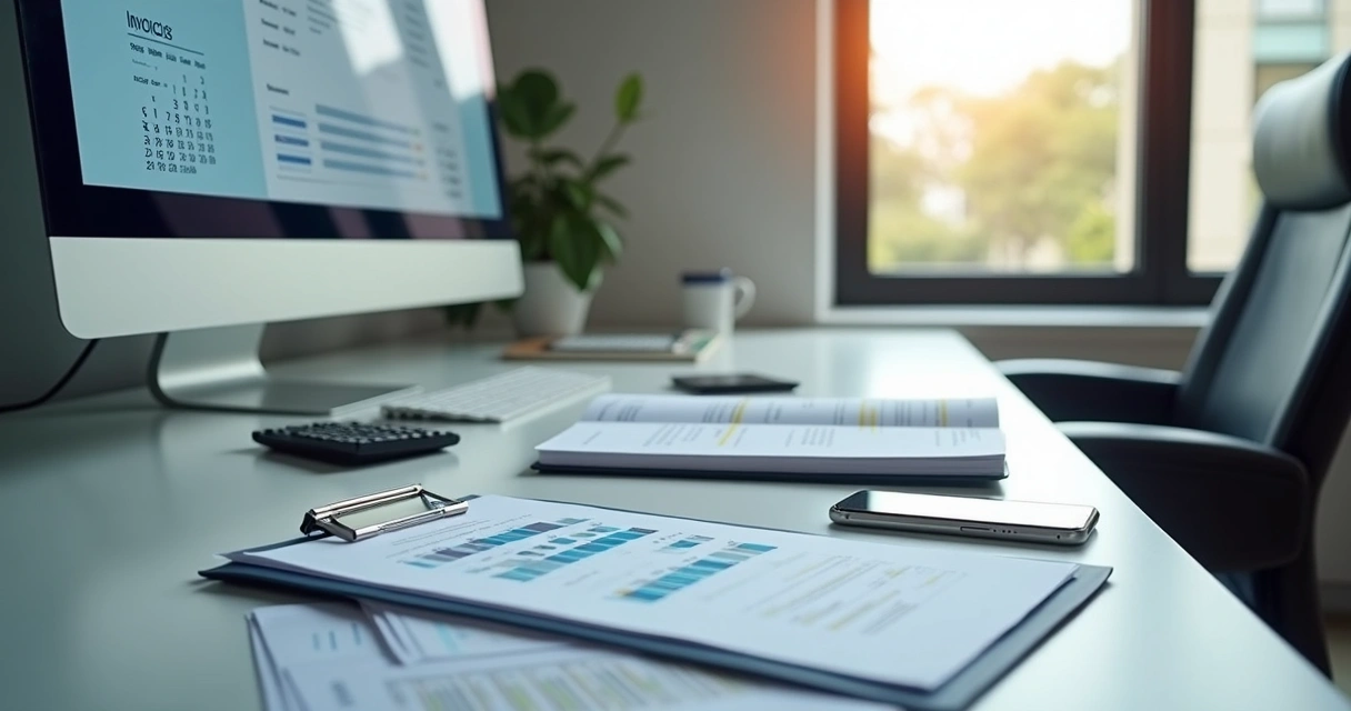 Painel com notas fiscais, calendário e fluxo de caixa em escritório 