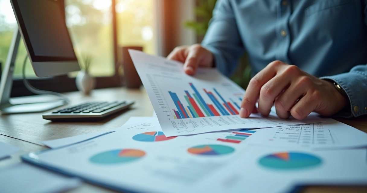 Mão masculina analisa planilha fiscal e gráfico colorido em tela de computador 