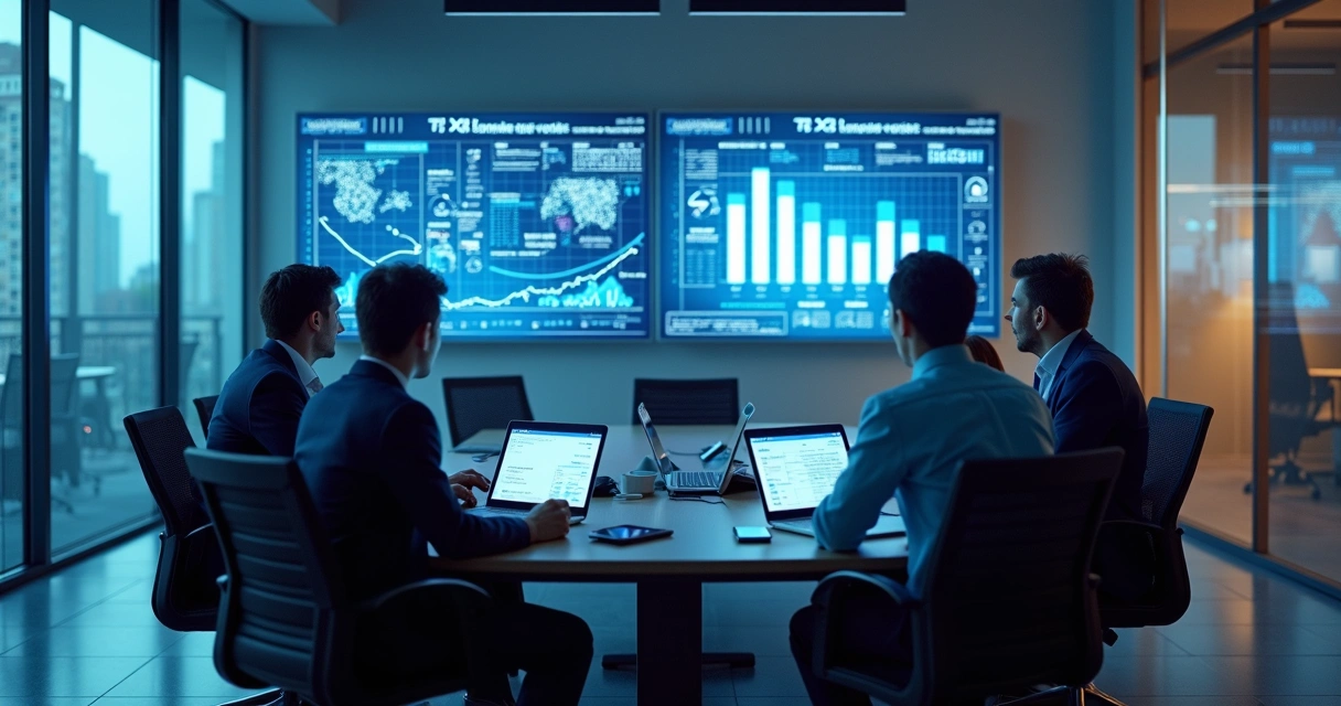 Sala de escritório com profissionais analisando gráficos fiscais em grandes monitores 