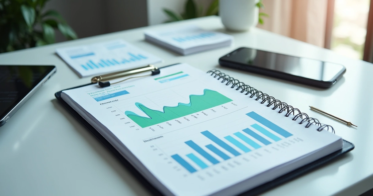 Painel financeiro com fluxo de caixa e relatórios em notebook